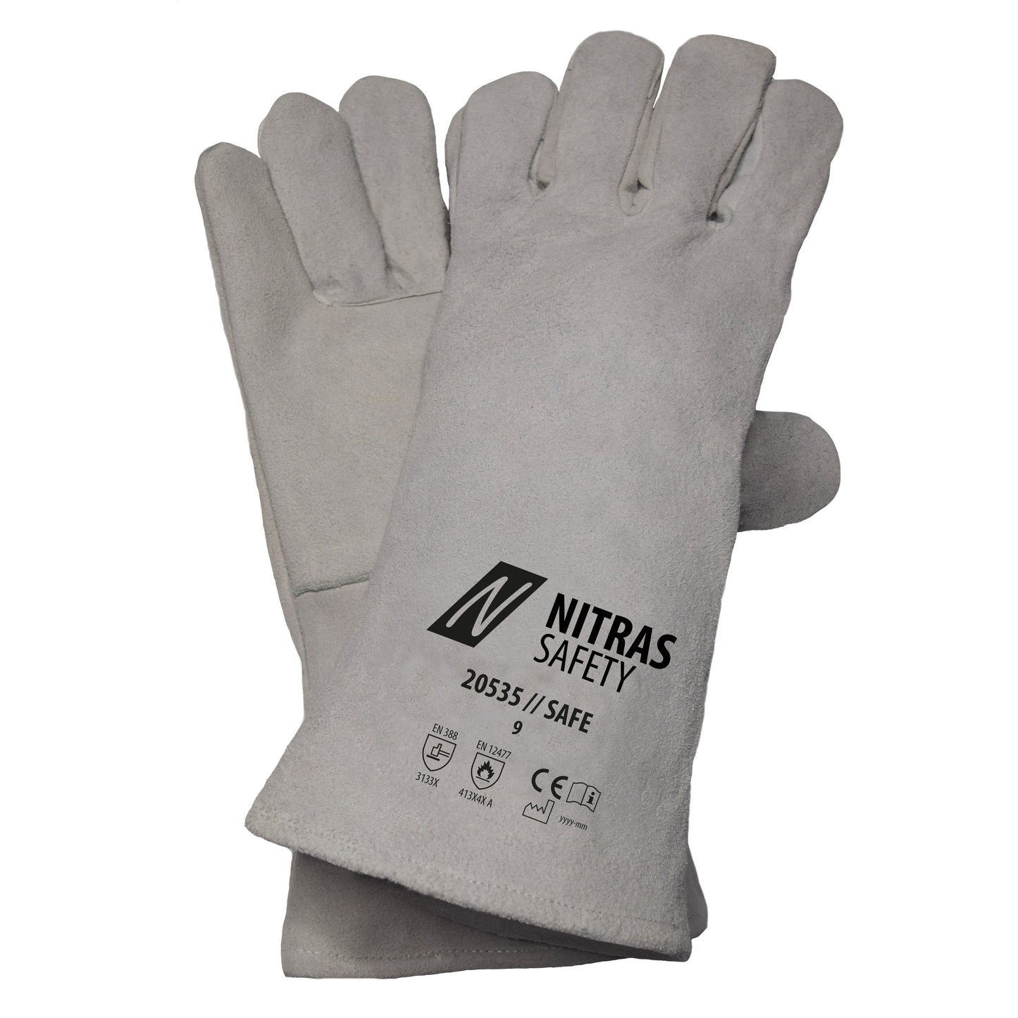 Nitras 20535 Safe Rindspaltleder-Schweißerschutzhandschuhe, 12 Paar Packung